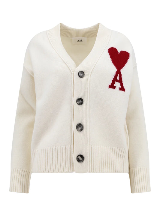 AMI Paris Ami de Coeur Logo Intarsia-Knit V-Neck Cream/Beige Cardigan Size S-XXL Unisex