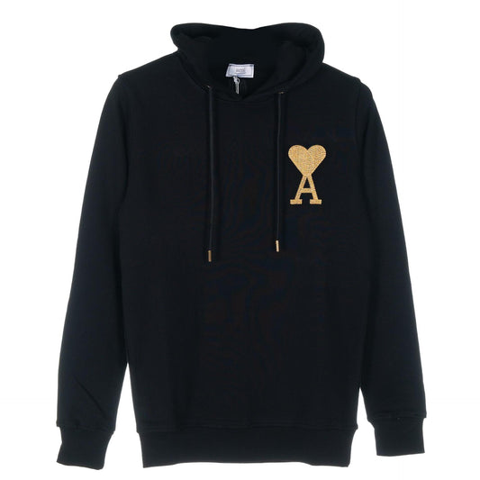 AMI Paris Black Long Sleeve Sports Hooded Cotton Sweatshirt With Accent Embroidered Logo